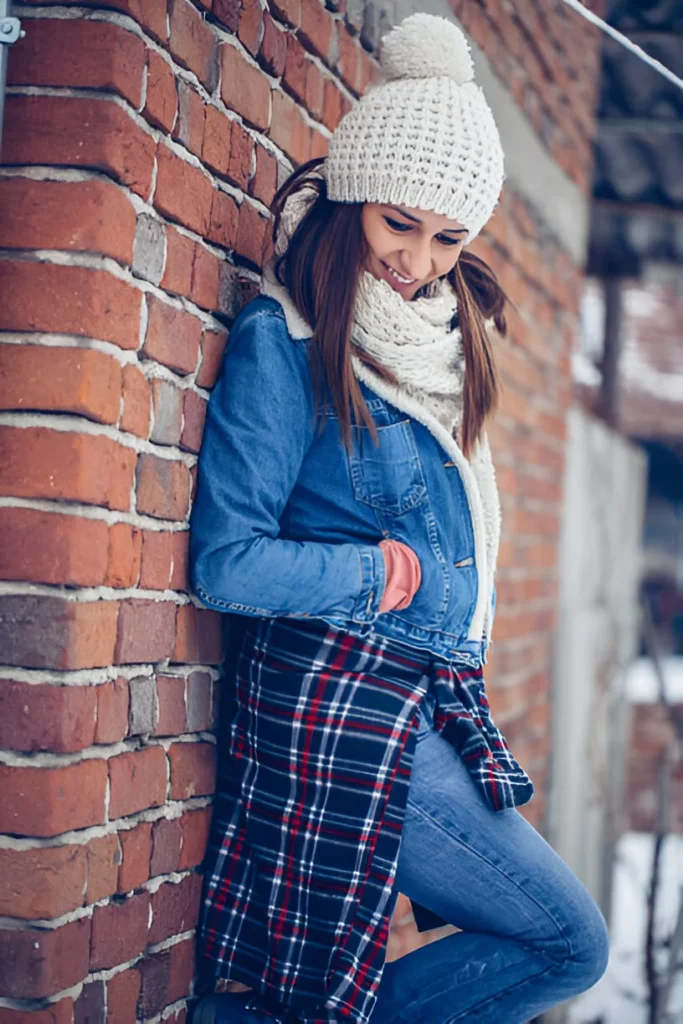 Plaid Blanket Scarf with Denim Jacket