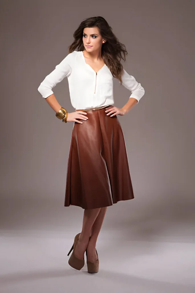 Faux Leather Midi Skirt with Blouse