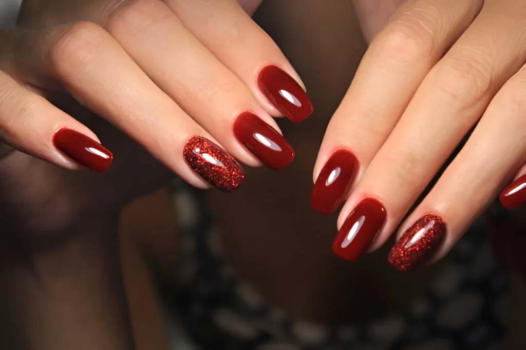 Deep Red with Glitter Tips