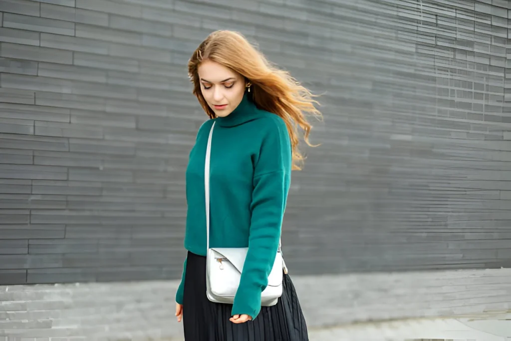 Turtleneck Sweater and Pleated Skirt